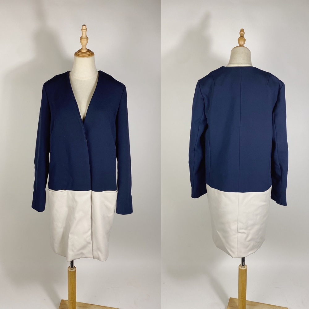 ANN TAYLOR Longline Blazer Colorblock Car Jacket Navy Ivory Womens Medium